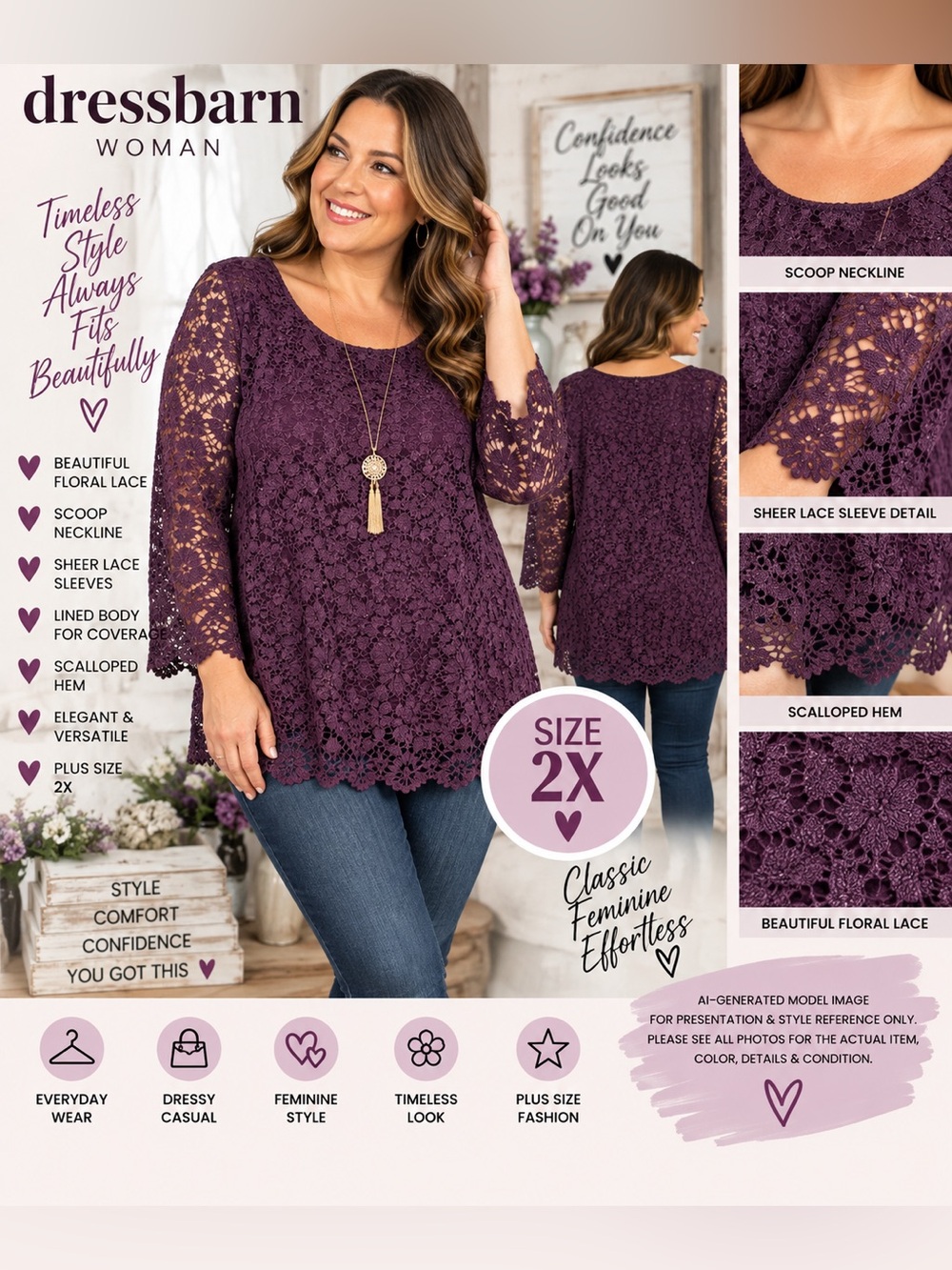 Dressbarn Purple Floral Lace Sheer Sleeve Tunic Blouse 2X